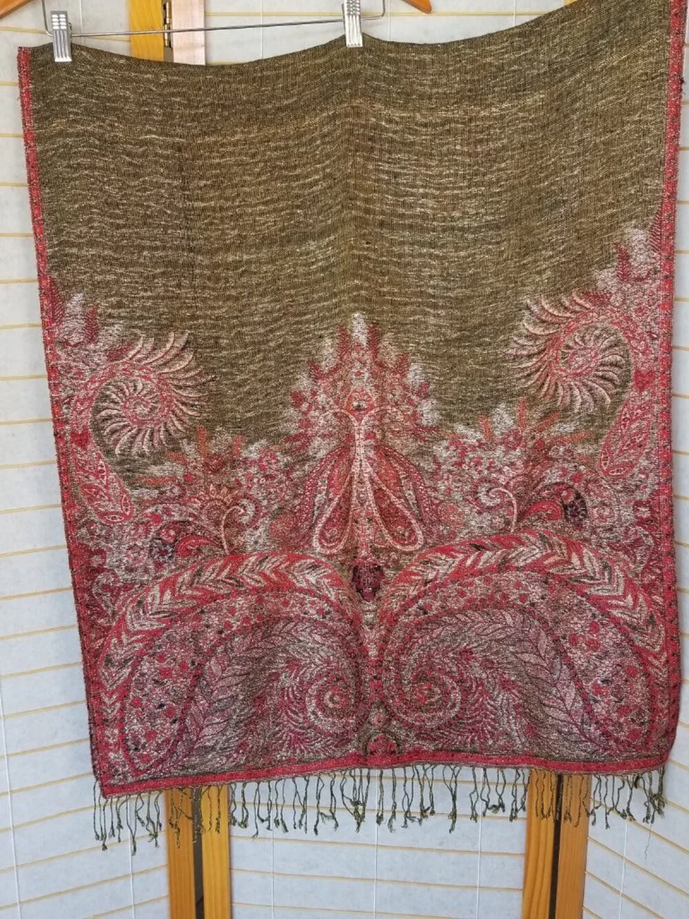 Wool Blanket Scarf Olive Green Brick Red Gold Metallic Threads Paisley Reverses